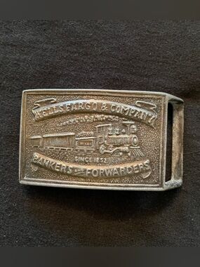 Vintage Wells Fargo & Company Train Belt Buckle in Aged Silver Tone